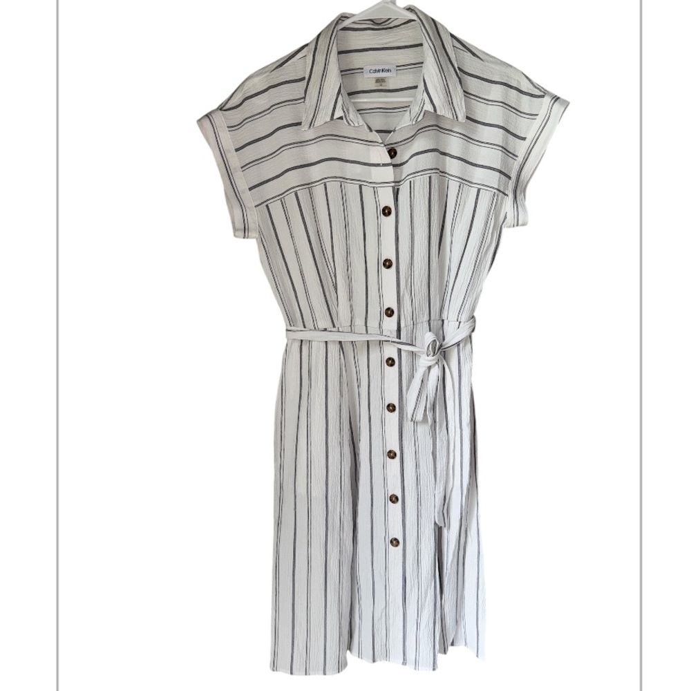 Calvin Klein dress Black White Striped Midi 10 short cuff sleeve classic